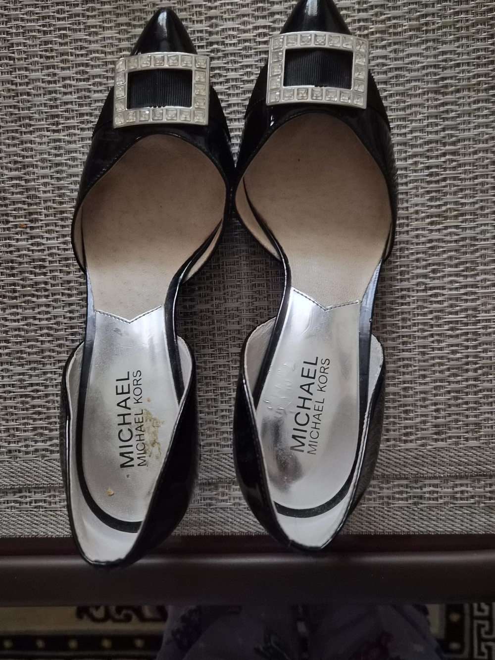 Michael Kors Black Patent Pointed D'Orsay Flats with Crystal Buckle